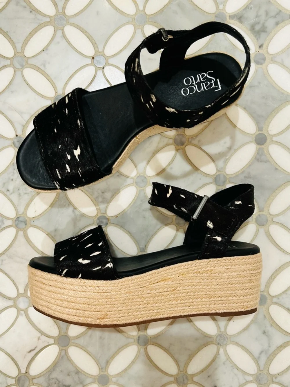 Franco Sarto Ben Spotted Calf Hair Leather Platform Jute Espadrille Sandal 8.5